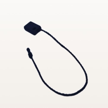 Plomba odzieżowa z zawieszką 200 mm – czarna, do metek i etykiet – zawieszka rozpięta, sznurek wyjęty z gniazda